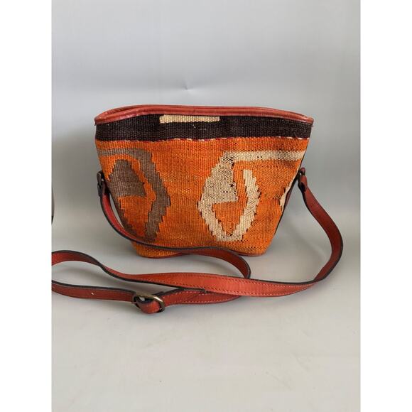 Vintage Handbags - Hand Made Turkish Kilim Arts Crossbody Purse Tapestry Wool Leather Strap Boho